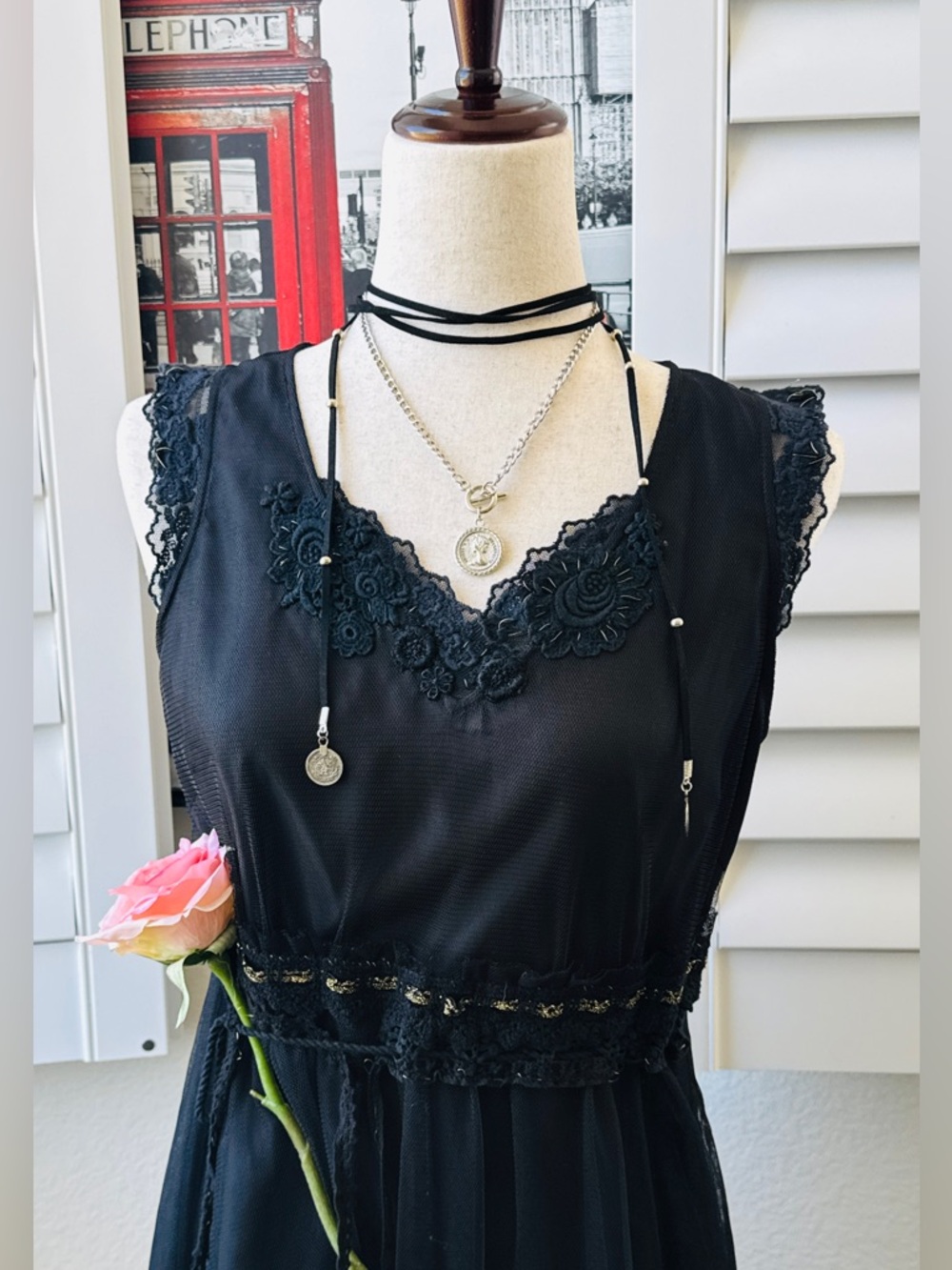 Chaber Romantic Whimsigoth Black Tulle & Lace Midi Dress